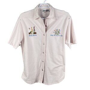 VTG Cotton P.S.I. 2XL Button-Up T-Shirt Embroidered Spring Flowers Easter Bunny